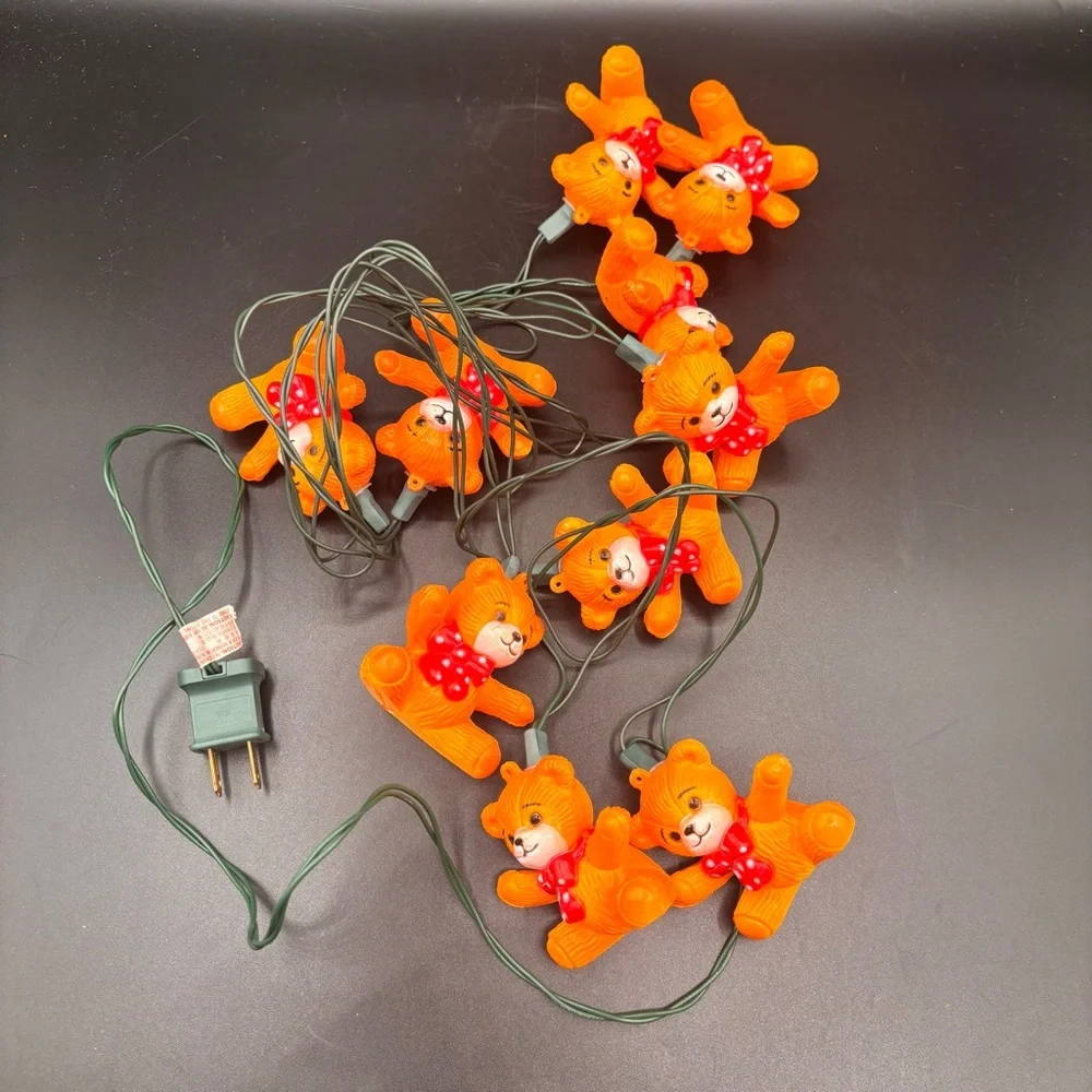Vintage Lights Teddy Bear Blow Mold String Christmas Holiday Bow Brown Set of 10